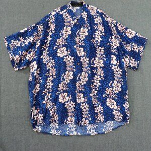 Pacific Line Bora Bora Aloha Camp Shirt Mens XL Deep Blue w Hibiscus